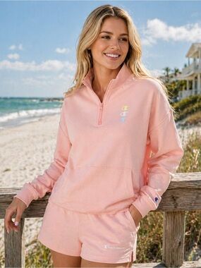 CHAMPION PINK FRENCH TERRY QUARTER ZIP PULLOVER SWEATSHIRT MEDIUM